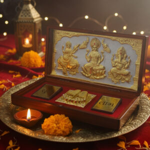 Lakshmi-Ganesh-Saraswati with Shubh Labh & Charan Paduka | Premium Pooja Gift – KARAT25 box