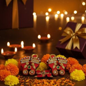Auspicious Zari Work Lakshmi Charan Paduka with Swastika  | Handmade Footprints for Diwali Puja & Entrance Decor